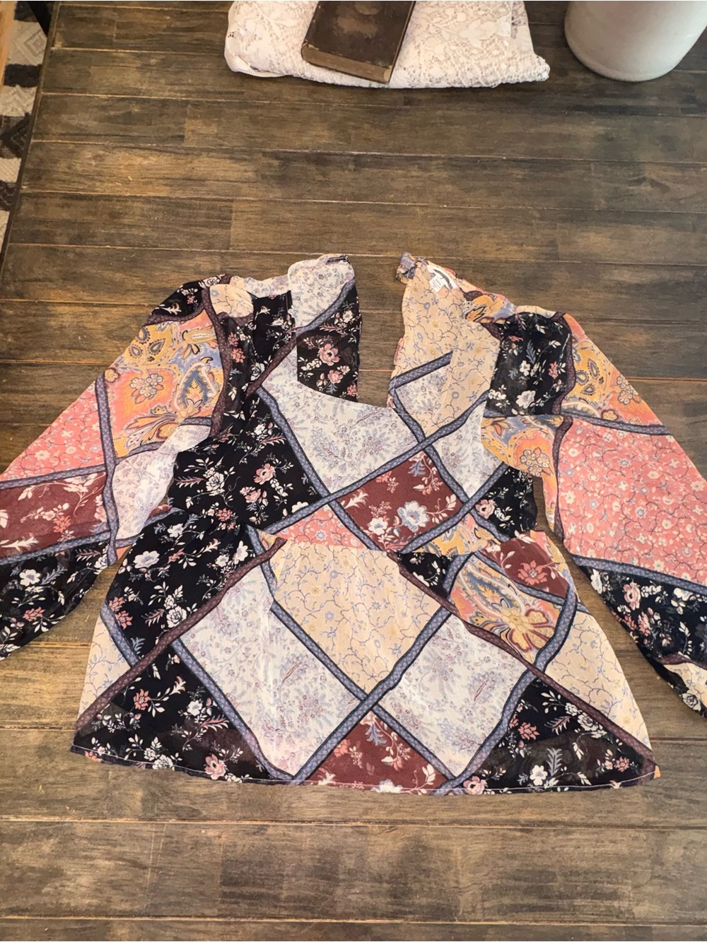 American Eagle Outfitters Patchwork Floral Mix Top - Navy, Pink, Peach, Cream